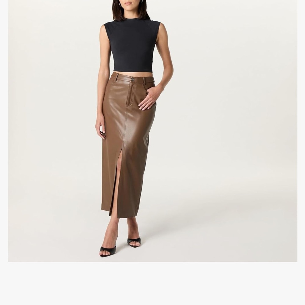High-Rise Brown Faux Leather Midi Skirt with Front Slit